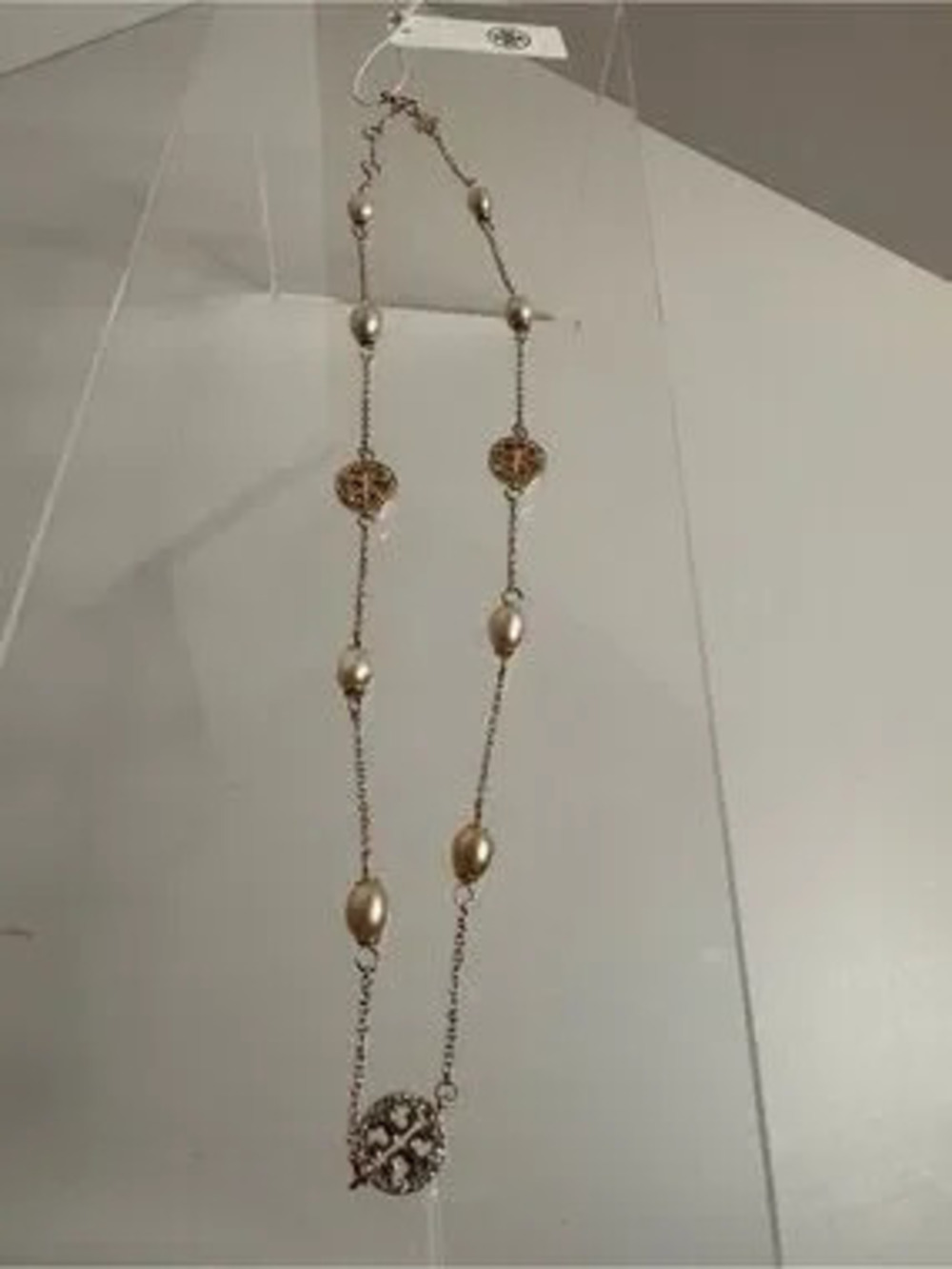 Tory Burch NWT Miller Pave Crystal & Rose Gold Pearl Chain Necklace